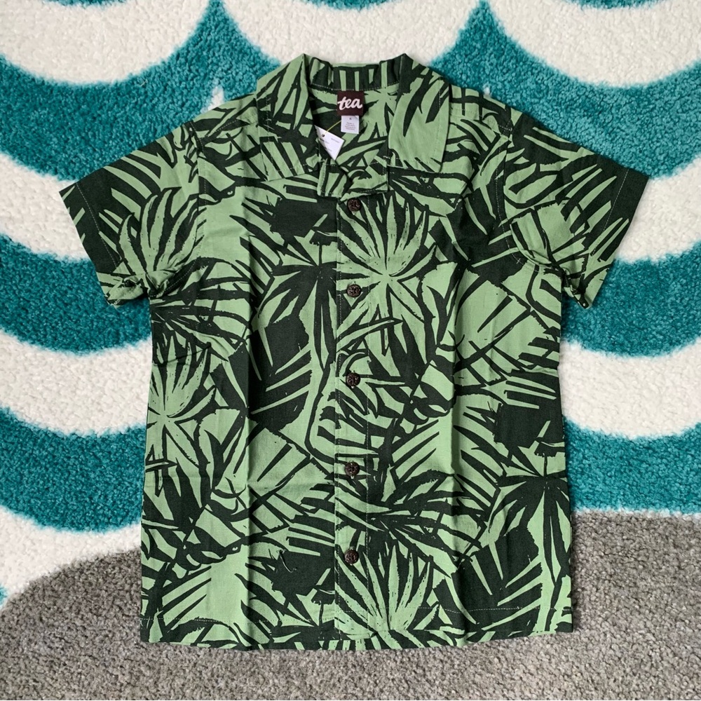 NWT - Tea Collection Palm Linen Camp Shirt (Green/Olive) Size 6